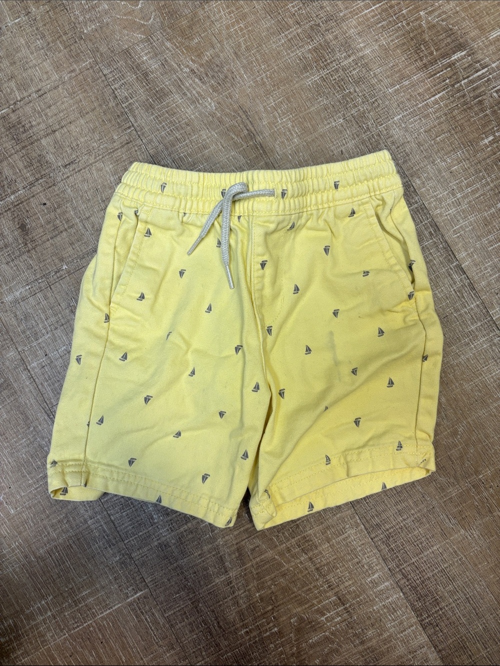 Boys Yellow Drawstring Shorts with Micro Sailboat Print